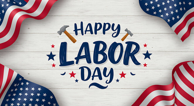 A clean graphic to commemorate USA's Labor Day. Features crossed hammers, American flags, and a "Happy Labor Day" red ribbon banner on a simple white background.