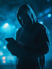 Ultra HD PNG of a male wearing hoodie using phone. blue background protection hacker spy feel