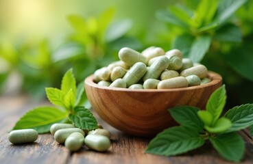 Wooden bowl with herbal supplements pills on wooden surface with fresh mint leaves. Healthy lifestyle, alternative medicine concept, natural remedies. Peppermint capsules for wellness, healthcare.