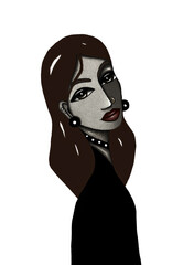 Elegant abstract woman in black dress with earrings and necklace, grayscale minimalist female portrait, digital PNG art with transparent background for fashion, branding, and creative use