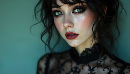 Fototapeta premium Gothic woman portrait. Dark makeup, black lace dress, symbolize boldness, nonconformity. Alternative fashion model with intense gaze. Dark hair, red lips, perfect skin. Beauty, elegance, style.