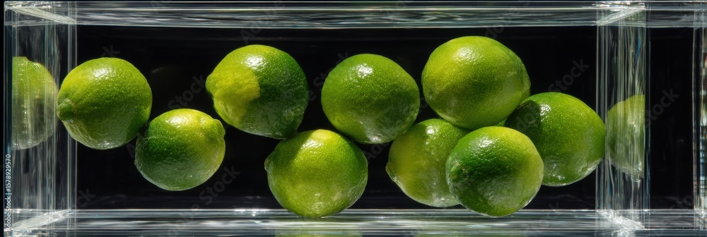 Poster floating limes in a transparent cube structure create a surreal composition against a dark backgroun