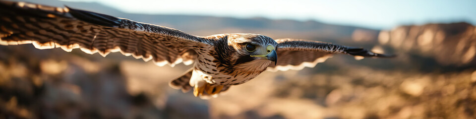 Falcon in Flight Over Hilly Terrain