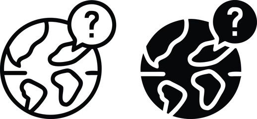Globe Question Icon Vector – Black and White World FAQ Search Symbol Illustration