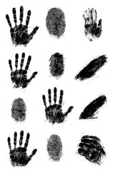 Grunge Handprint and Fingerprint Icon Set in Black Ink Texture - Transparent Background