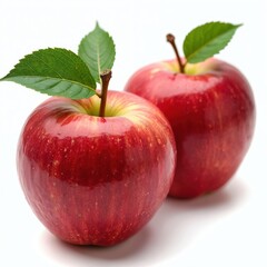 Two fresh red Pink Lady apples with green leaves. Isolated on white background. Healthy organic food. Fresh fruit for nutrition and diet. Ripe apples, delicious, raw ingredient.