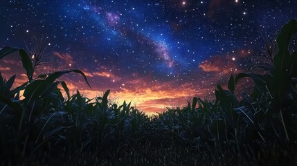 Bright galaxy sky above a vast cornfield at night