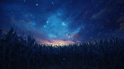 Bright galaxy sky above a vast cornfield at night