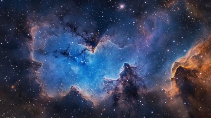 Fototapeta premium Stunning nebula in deep space with vibrant blue, orange, and dark hues, showcasing cosmic dust and stars.