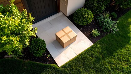 Expedited delivery box outside front door, overhead view of package on porch. Cardboard parcel from online order, courier shipment, postal service, doorstep logistics, secure residential drop.