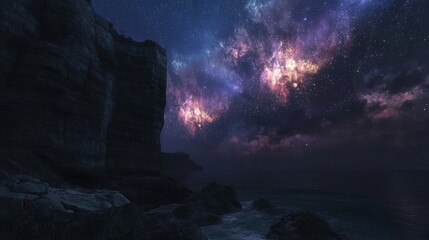 Bright night sky with nebula colors over a rocky cliff