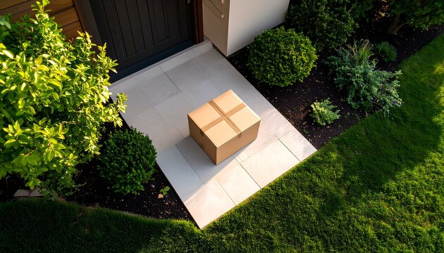 Expedited delivery box outside front door, overhead view of package on porch. Cardboard parcel from online order, courier shipment, postal service, doorstep logistics, secure residential drop.