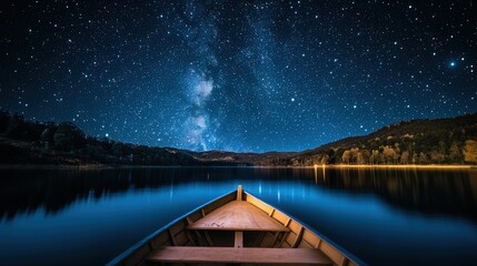 Bright star clusters seen from a floating boat in a dark lake