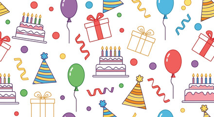 Seamless pattern of birthday cake balloons gifts and party hats design
