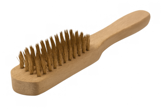Close-up of a brass wire brush with a wooden handle, isolated on a transparent background, ready for cleaning and scrubbing tasks