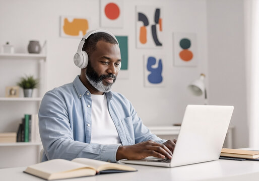 Focused middle-aged Black man wearing headphones while typing on a laptop in a modern home office or workspace.