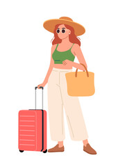 Flat vector illustration of a young woman in summer casual clothes and hat, holding a suitcase and handbag. Isolated on transparent background. Perfect for travel, vacation, or holiday-themed designs.
