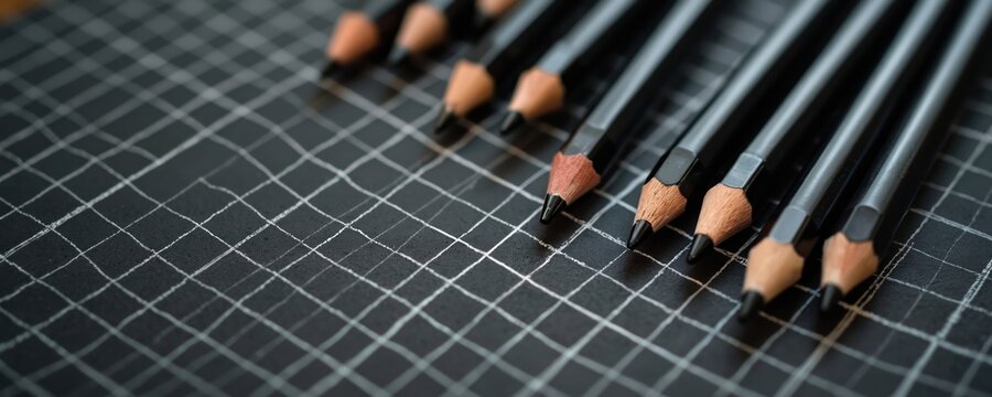 Close-up shot of black pencils arranged on gridded mesh background. Pencils tips are sharpened. School supplies, art tools, sketching, drawing materials. Back to school theme concept.