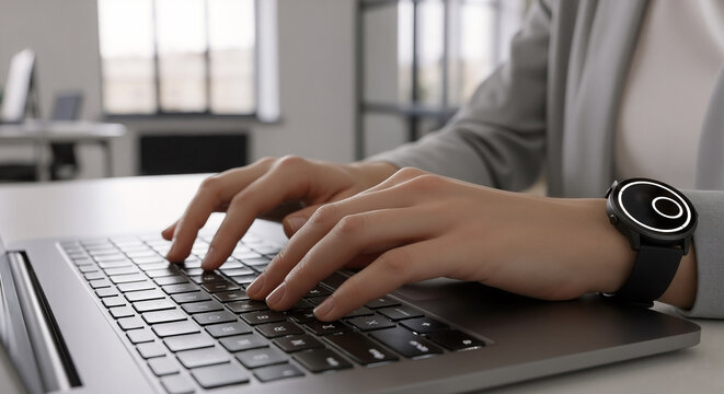 Close-up of a professional woman's hands with a modern smartwatch typing on a laptop keyboard in a contemporary office. - Powered by Adobe
