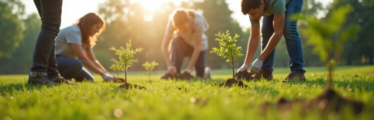 Group of volunteers planting trees in public park on sunny day. Community service caring for environment, promoting eco lifestyle. People work together planting saplings in green grass.