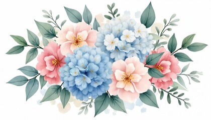 Watercolor illustration of wedding bouquet with hydrangeas and greenery. Soft pastel tones, floral arrangement, isolated white background. Elegant design perfect for invites cards, decoration.