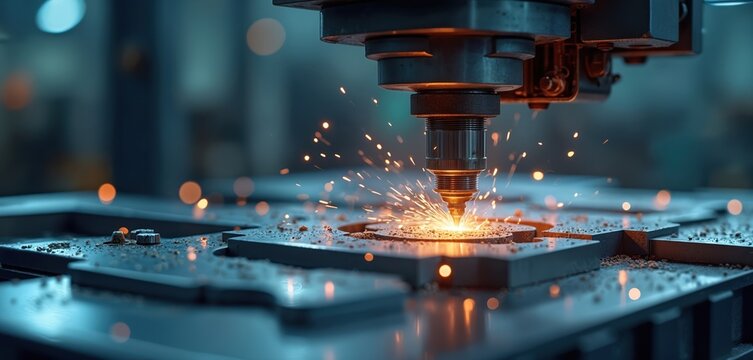 CNC milling machine cutting metal part with sparks. Machining process at hi-tech factory. Modern metalworking, automated machinery. Production, engineering, precision manufacturing.