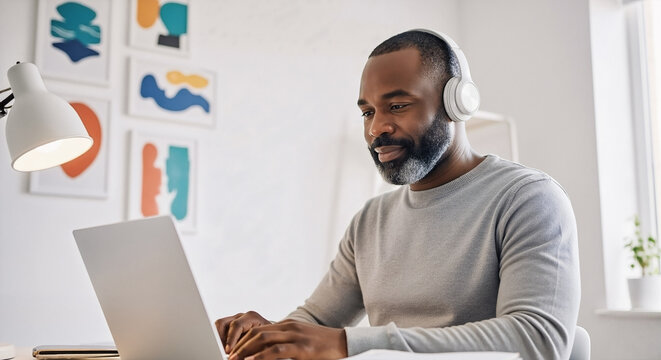 Focused African American man with headphones working remotely on a laptop in a stylish modern home office. - Powered by Adobe