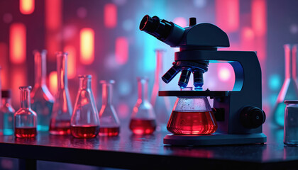 Modern lab scene with microscope, vials, test tubes, red liquid. Illustration of science, research, medicine. Laboratory equipment. Abstract background with glowing lights. Tech, innovation concept.
