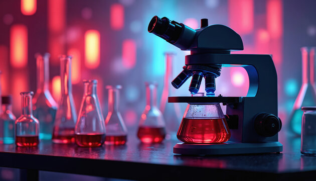 Modern lab scene with microscope, vials, test tubes, red liquid. Illustration of science, research, medicine. Laboratory equipment. Abstract background with glowing lights. Tech, innovation concept.