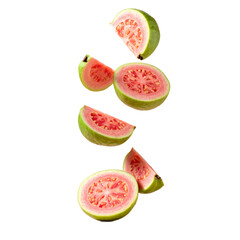 Sliced Guavas Floating In Air Revealing Pink Flesh And Green Rind Vertical Composition Against Transparent Background Isolated Transparent Background