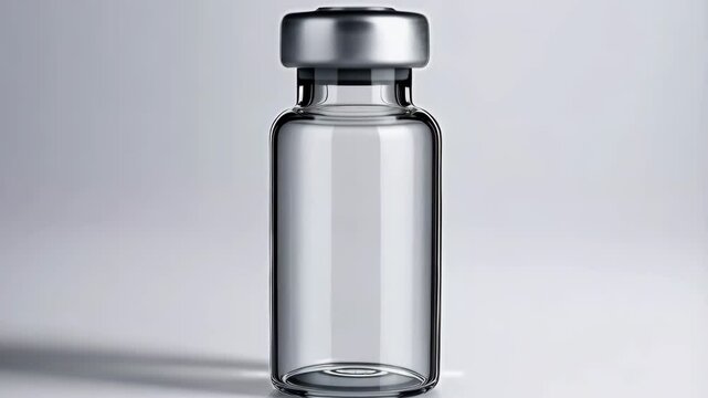 Close-up of an empty clear glass vial with a silver cap on a gray background for medical or scientific purposes