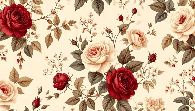 ワインレッドのクラシックバラ柄パターン｜Classic Rose Pattern in Wine Red Tones	