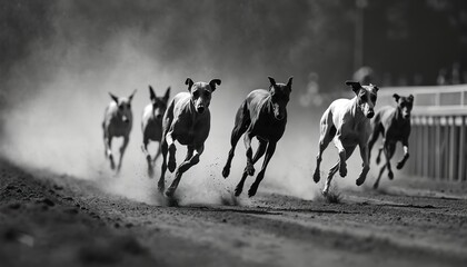 Fototapeta premium Greyhounds race on dirt track at high speed. Dogs running, showing agility, intense competition. Captures dynamic motion, speed of athletic prowess and energy. Focused on animal sport.