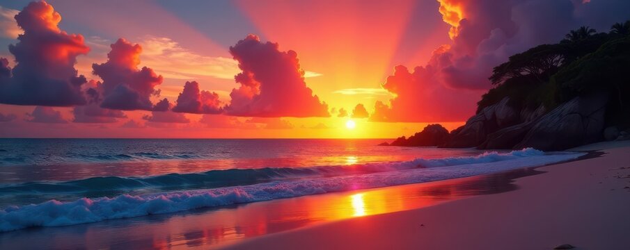 Fiery sunset paints Mauritian beach sky, tranquil scene, idyllic, pink, tropical