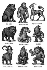 Vintage Mythical Creatures Set - Engraved Illustrations of Celtic and British Folklore Monsters, Transparent Background