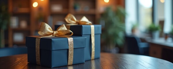 Elegant blue gift boxes with gold ribbons on dark table. Festive presents for celebrations. Corporate gifts, holiday party, special events, business success, luxury brand, holiday marketing.