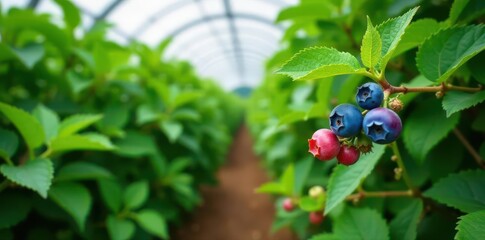 Green blueberry plants laden with ripening berries in a greenhouse , texture, spring