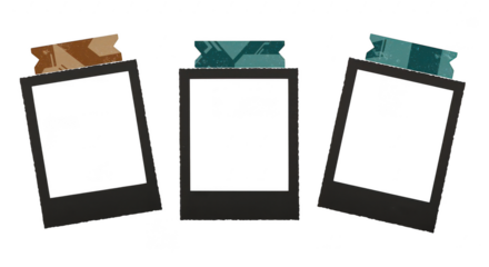 Empty Photo Frames: Three blank polaroid-style frames, each adorned with decorative tape, symbolize the potential for capturing personal moments and memories.