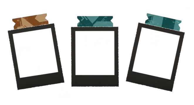 Empty Photo Frames: Three blank polaroid-style frames, each adorned with decorative tape, symbolize the potential for capturing personal moments and memories.