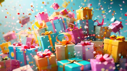 A joyful pile of colorful gift boxes tied with playful ribbons, evoking childhood excitement and wonder