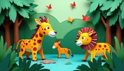 "3D paper craft safari animals in a vibrant green forest, surrounded by butterflies and layered foliage."
