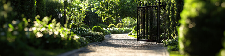 Garden Path with Open Black Metal Gate