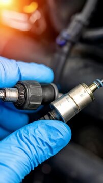 Hands in blue gloves hold oxygen sensors, car repair and maintenance, auto parts replacement concept