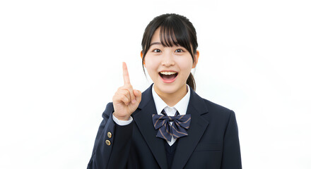 制服を着た女子中学生がひらめいた表情で人差し指を立てている、白背景
