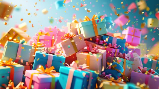 A joyful pile of colorful gift boxes tied with playful ribbons, evoking childhood excitement and wonder