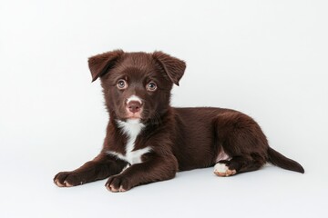 Obraz premium Adorable young brown puppy with white markings lying on a clean white background showcasing its playful and curious personality in a studio setting