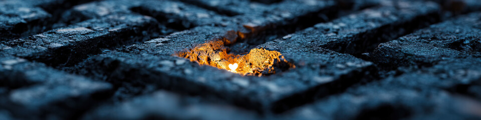Glowing Light Source in Cracked Paving Stones