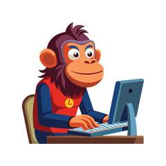 Monkey typing frantically at desk with intense focus, busy office work, funny animal cartoon vector illustration for business, productivity, and technology themes.
