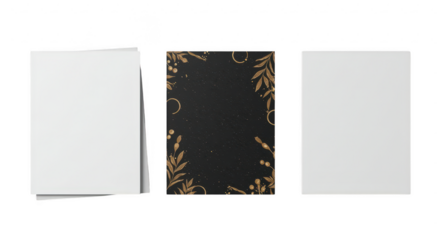 Elegant Stationery Set: A visually striking presentation of stationery elements. A central black card adorned with floral patterns and flanked by two blank white cards, all in sharp focus.
