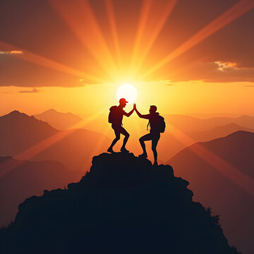 Hikers celebrating their climb to the top of the mountain with the sun shining its rays brightly in the orange sky 
